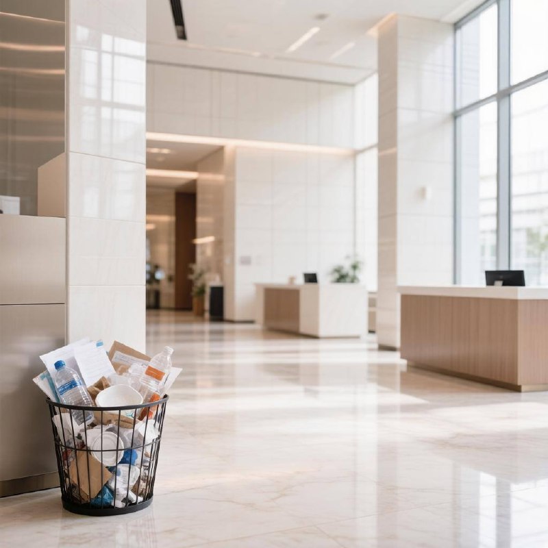 Переполненная корзина для мусора в светлом офисном лобби