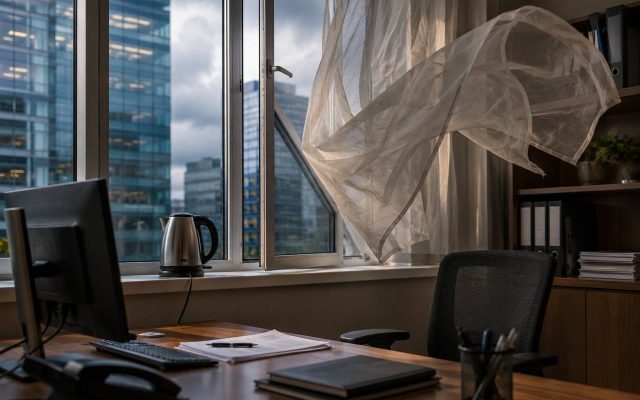 Офисный кабинет с электрическим чайником на подоконнике и открытым окном