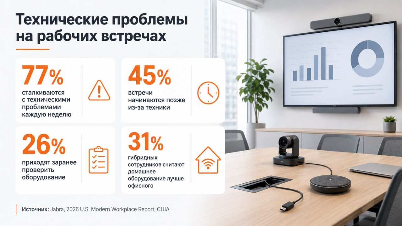 Данные исследования Jabra о технических проблемах в офисных переговорных